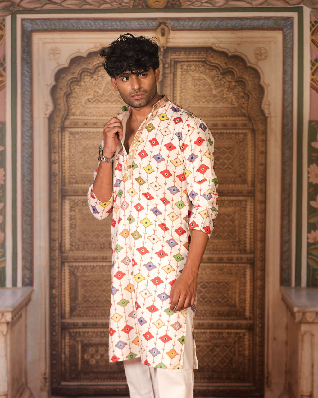Cream Multicolour Motif Kurta for Men