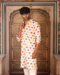 Cream Multicolour Motif Kurta for Men