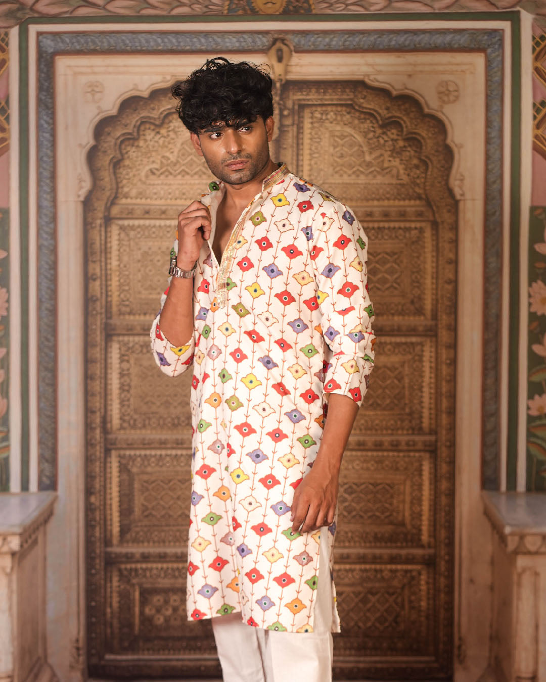 Cream Multicolour Motif Kurta for Men