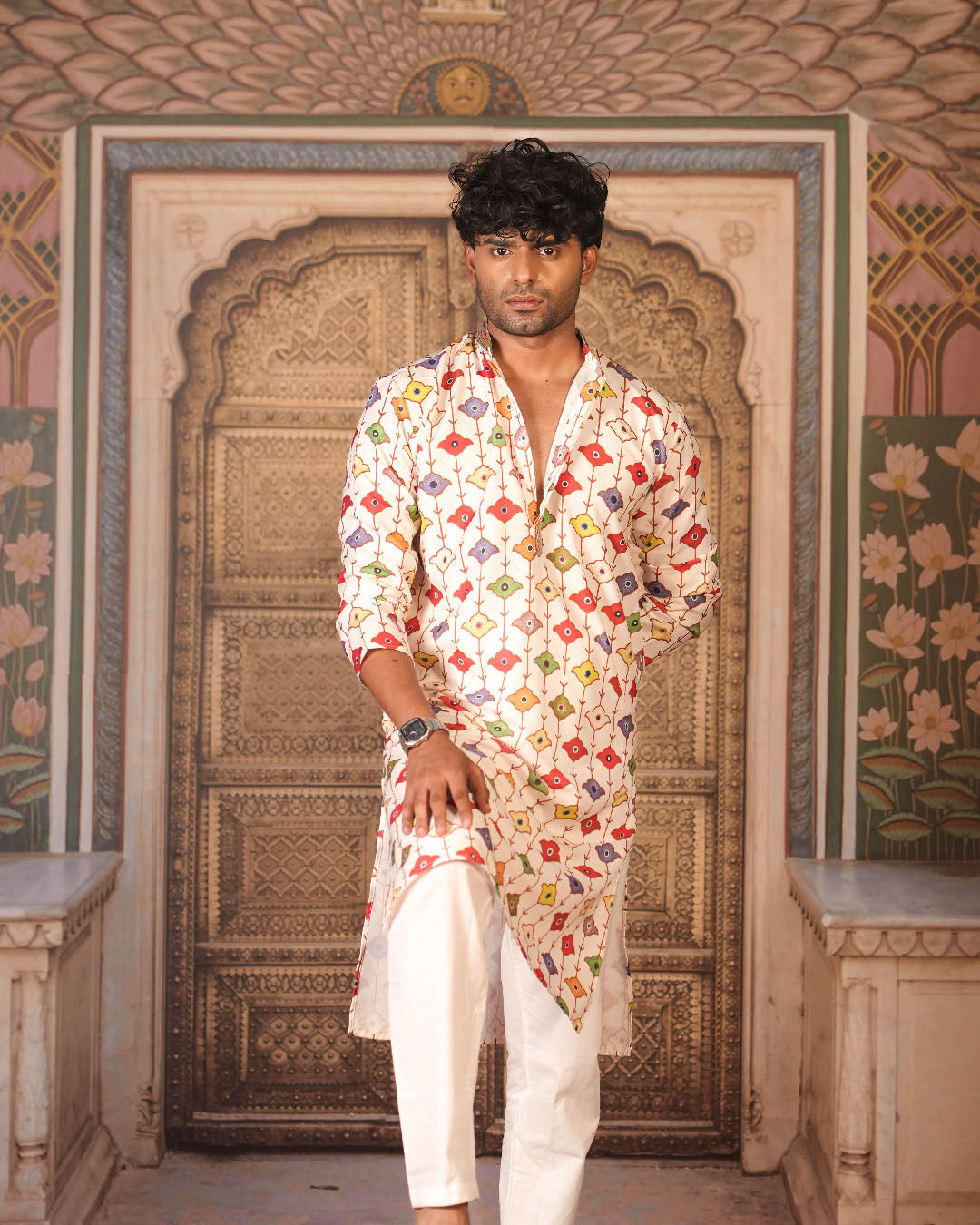 Cream Multicolour Motif Kurta for Men