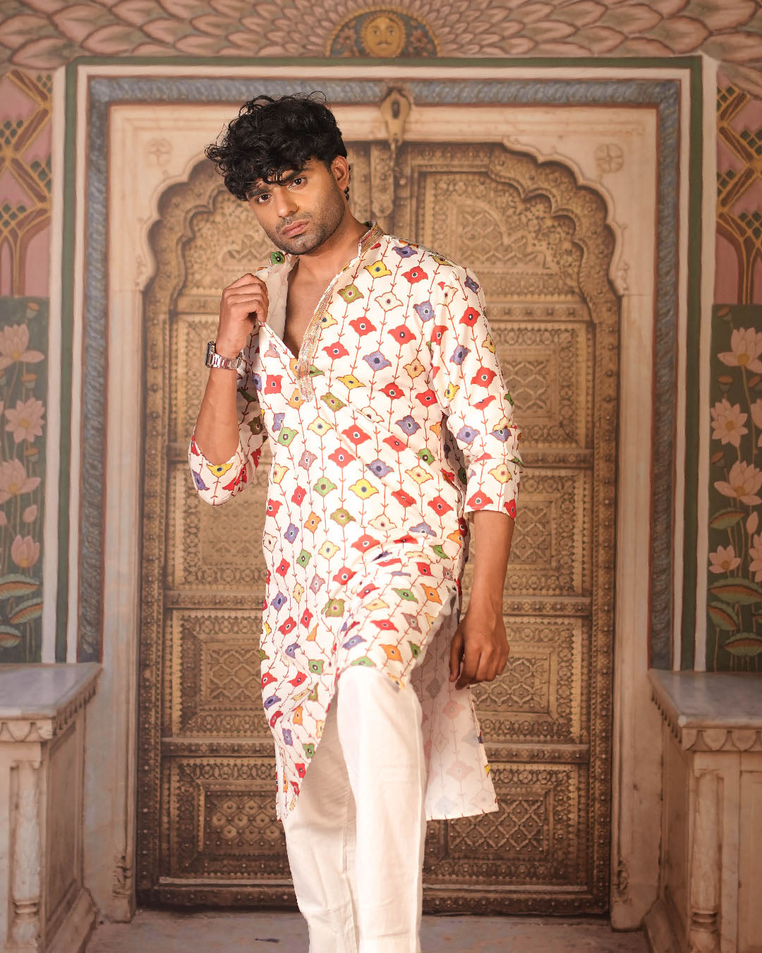 Cream Multicolour Motif Kurta for Men