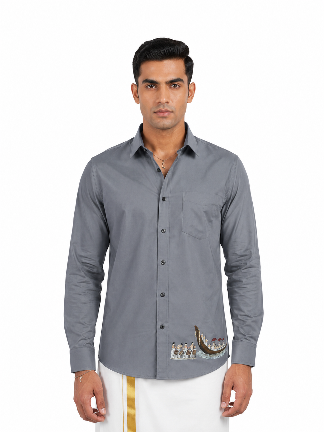 Vallam Kali Printed Onam Shirt Grey
