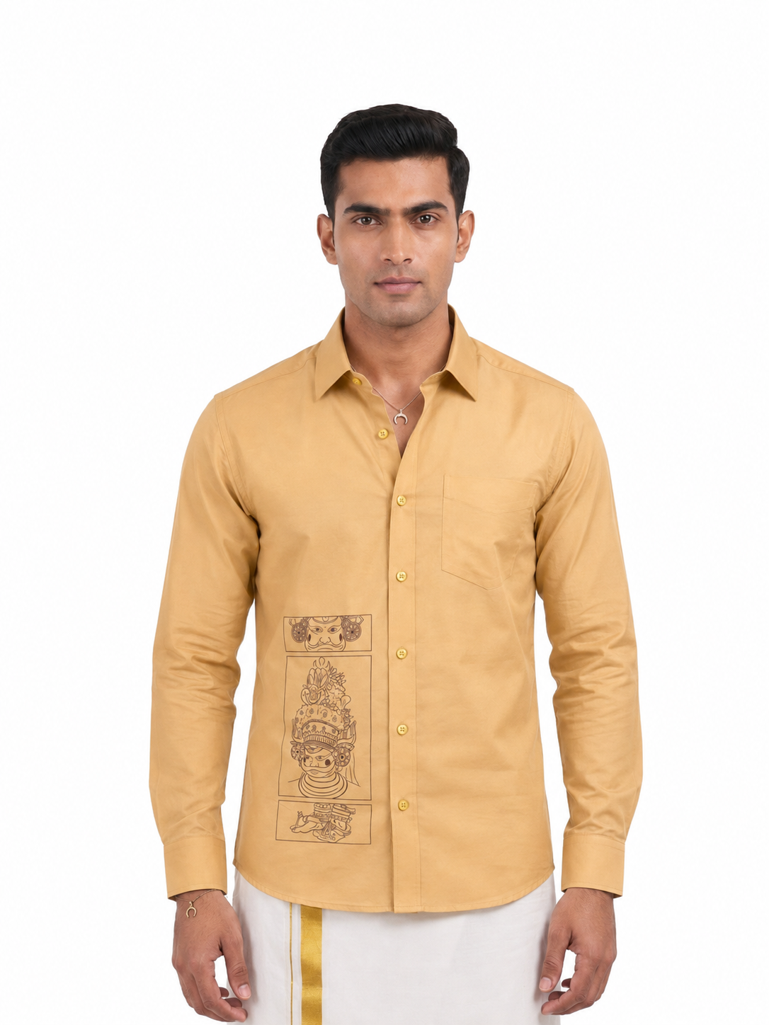 Theyyam Line Art Mustard Yellow Printed Onam Shirt