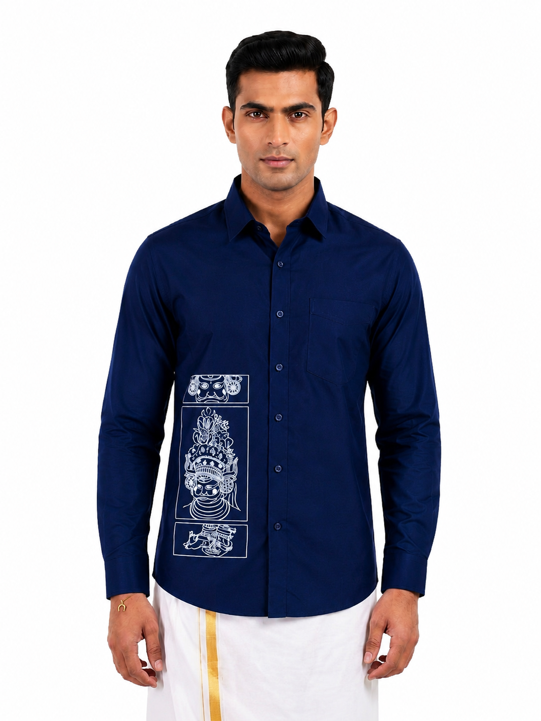 Theyyam Line Art Navy Blue Printed Onam Shirt