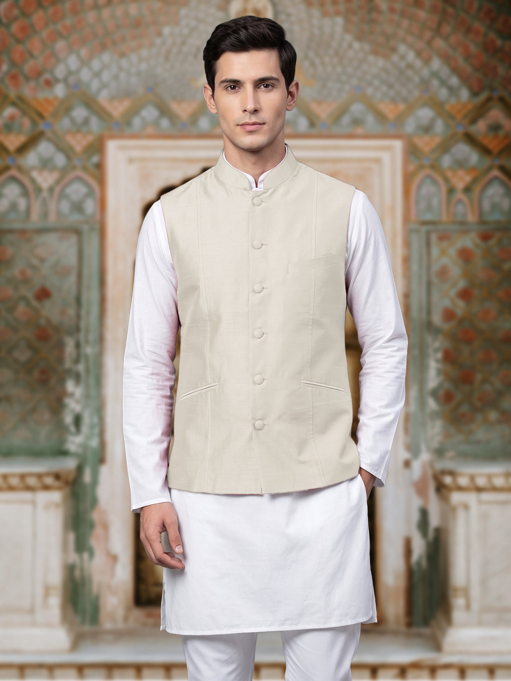 Cream Pure Silk Nehru Jacket Waistcoat for Men