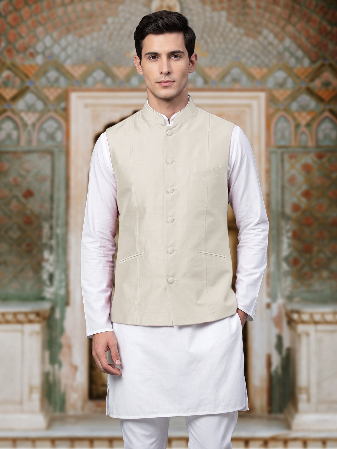 Cream Pure Silk Nehru Jacket Waistcoat for Men