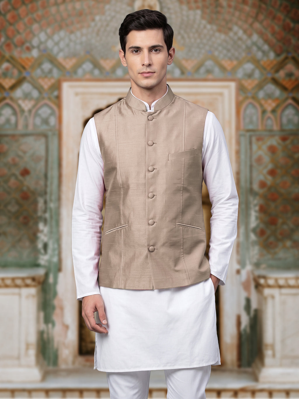 Beige Pure Silk Nehru Jacket Waistcoat for Men