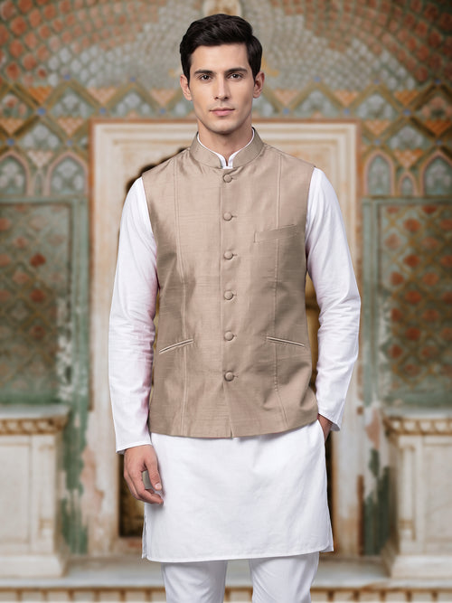 Beige Pure Silk Nehru Jacket Waistcoat for Men