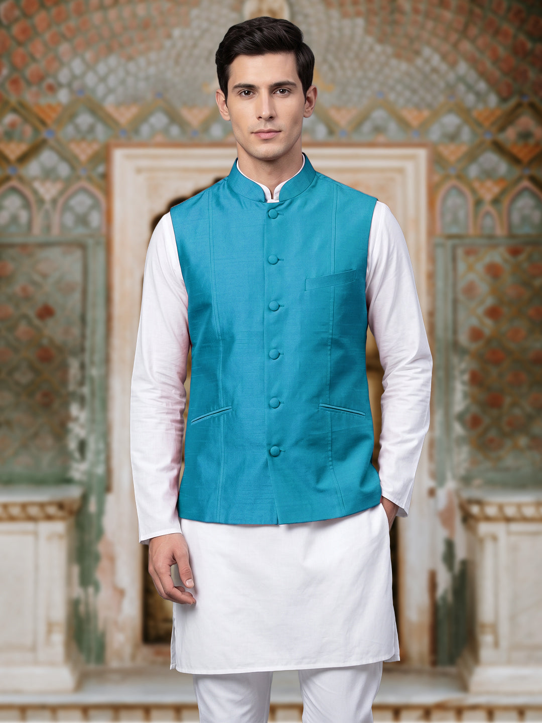 Turquoise Pure Silk Nehru Jacket Waistcoat for Men