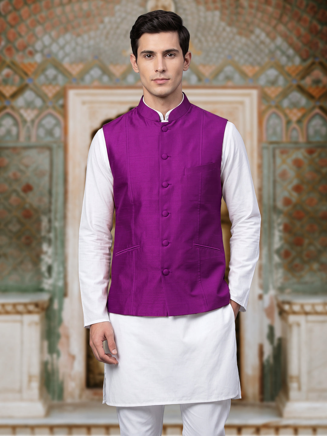 Purple Pure Silk Nehru Jacket Waistcoat for Men