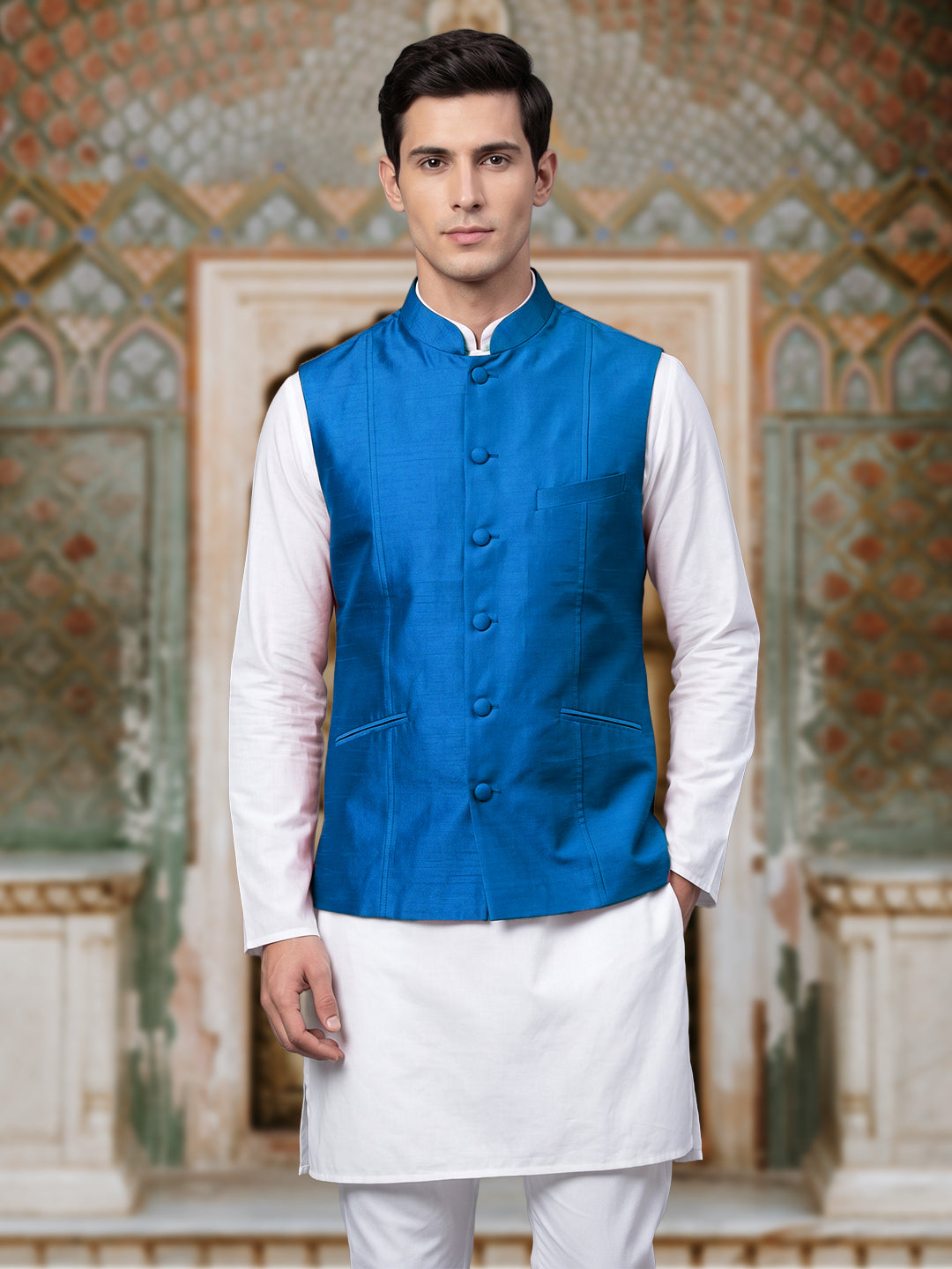 Royal Blue Pure Silk Nehru Jacket Waistcoat for Men
