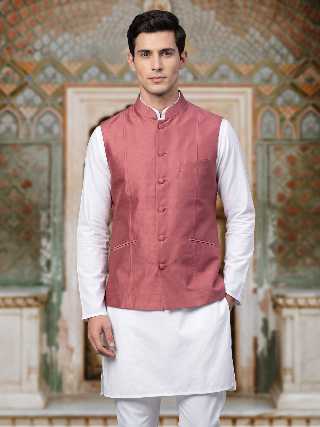 Dusty Pink Pure Silk Nehru Jacket Waistcoat for Men