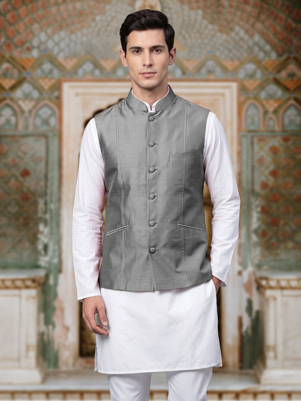 Silver Grey Pure Silk Nehru Jacket Waistcoat for Men