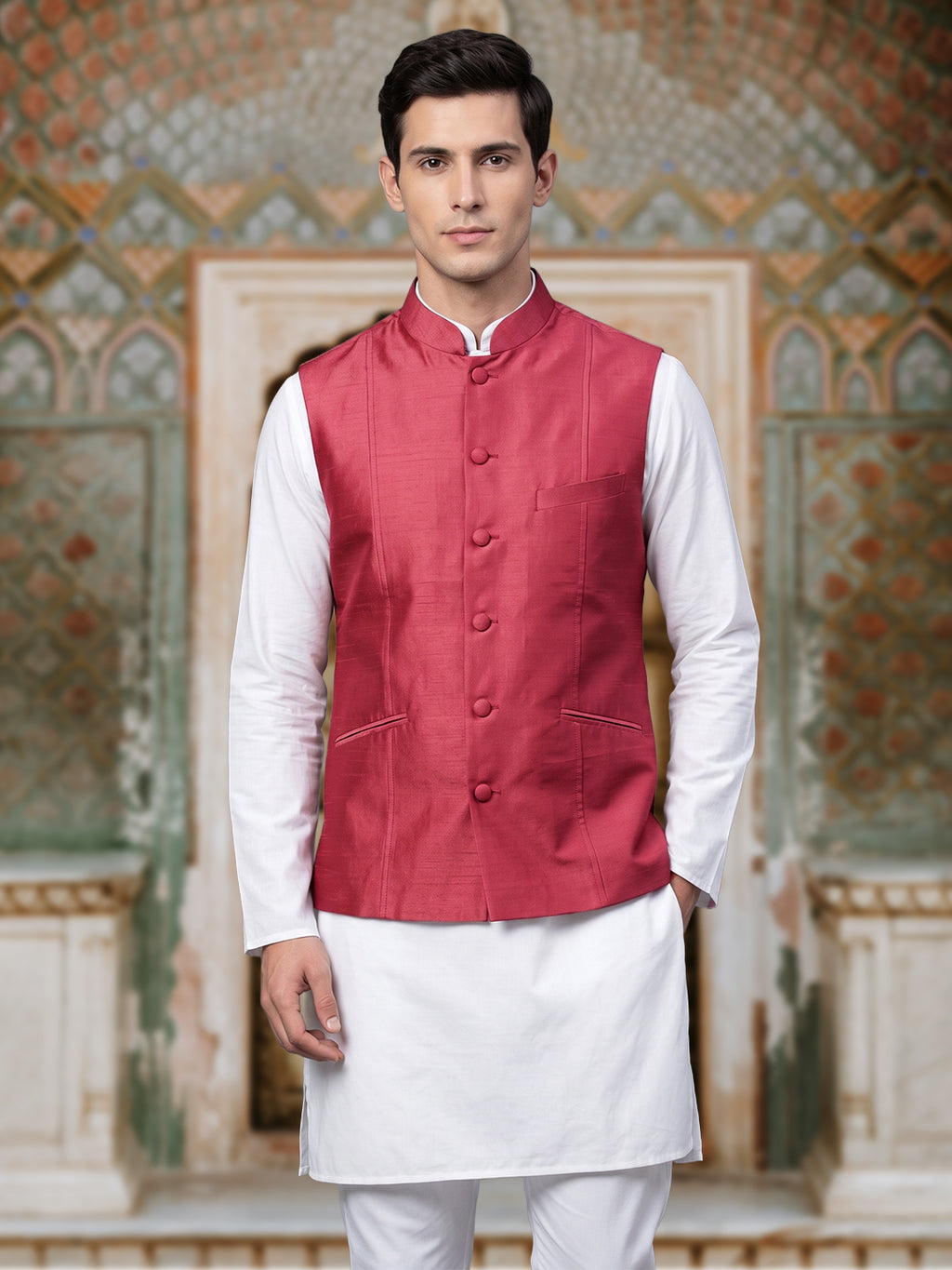 Rose Red Pure Silk Nehru Jacket Waistcoat for Men