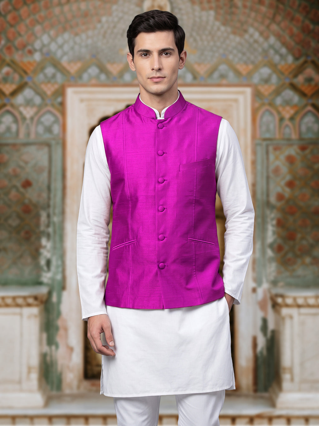 Rani Pink Pure Silk Nehru Jacket Waistcoat for Men