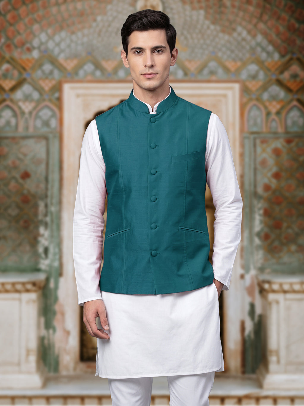 Teal Pure Silk Nehru Jacket Waistcoat for Men