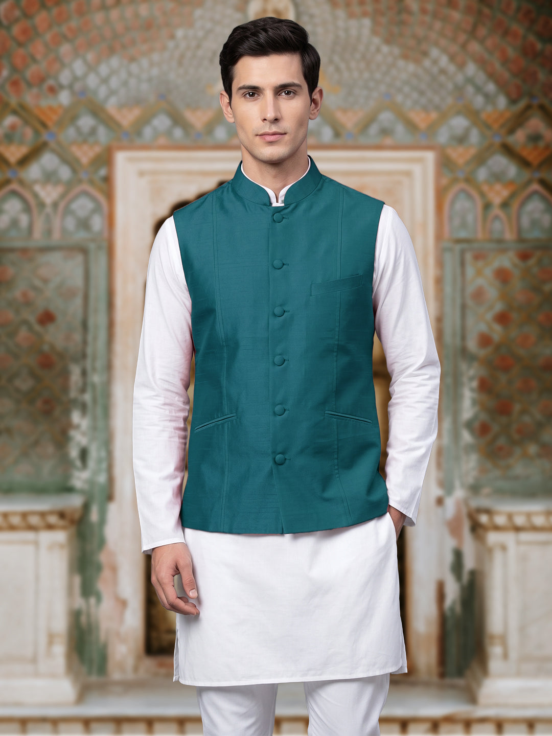 Teal Pure Silk Nehru Jacket Waistcoat for Men