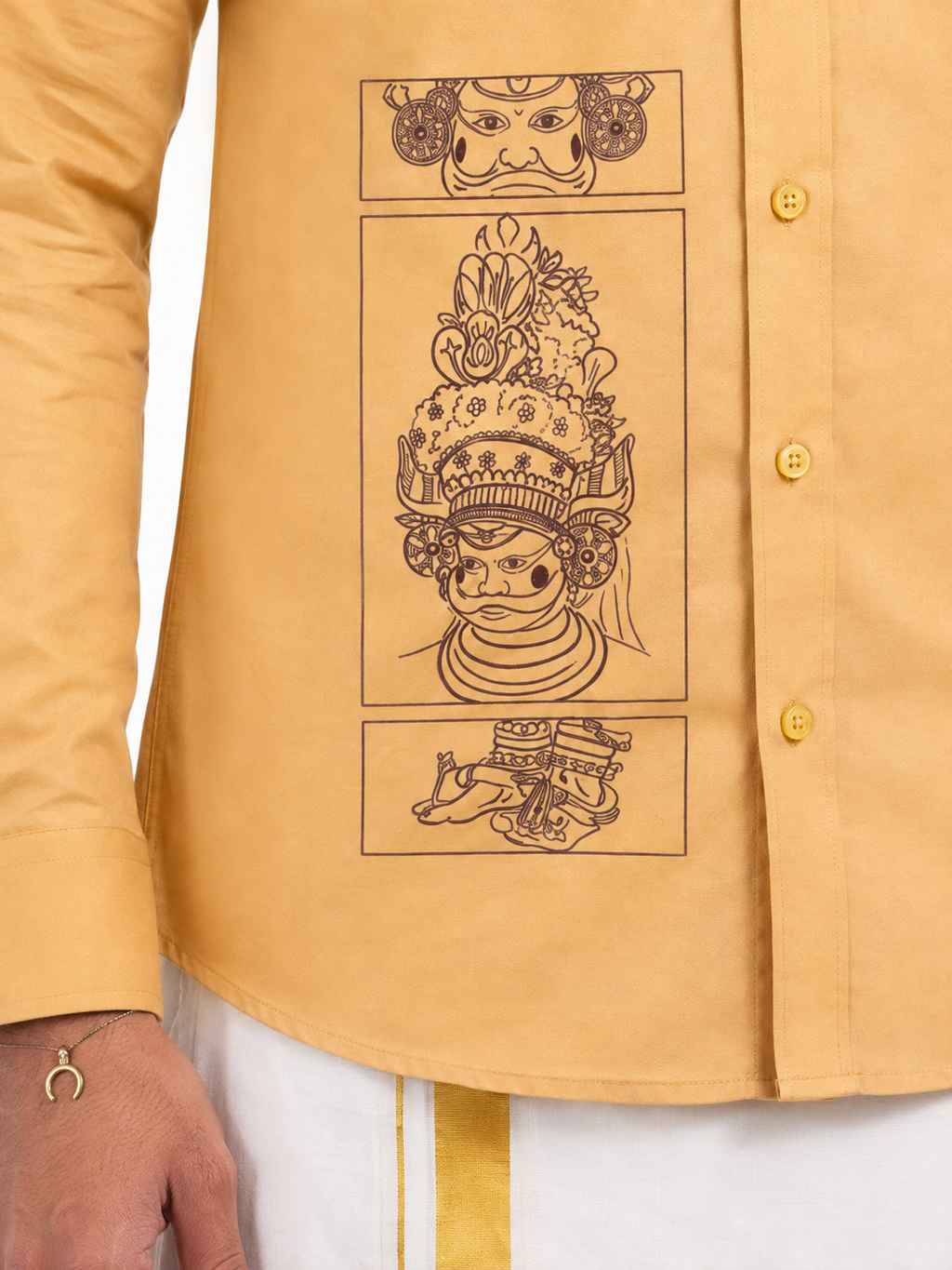 Theyyam Line Art Mustard Yellow Printed Onam Shirt