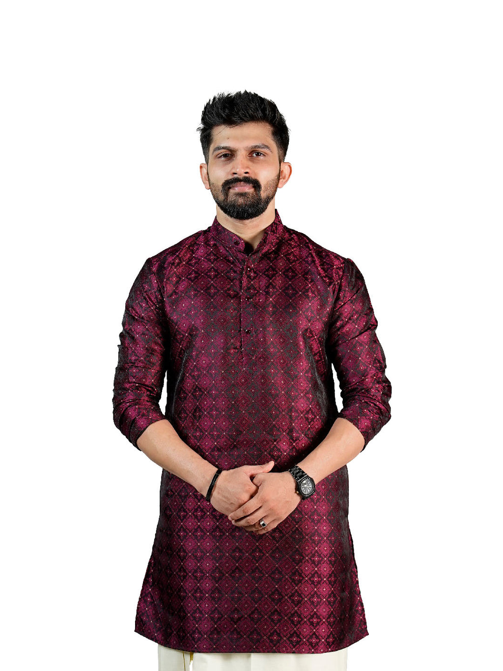Wine Maroon Diamond Lattice Jacquard Kurta for Men