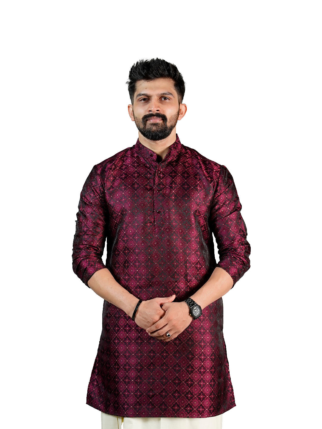 Wine Maroon Diamond Lattice Jacquard Kurta for Men