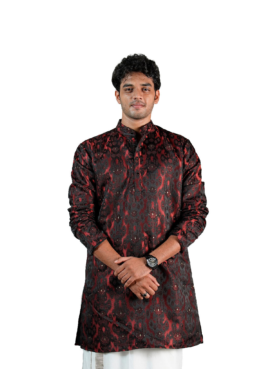 Black Red Ikat Damask Jacquard Kurta for Men