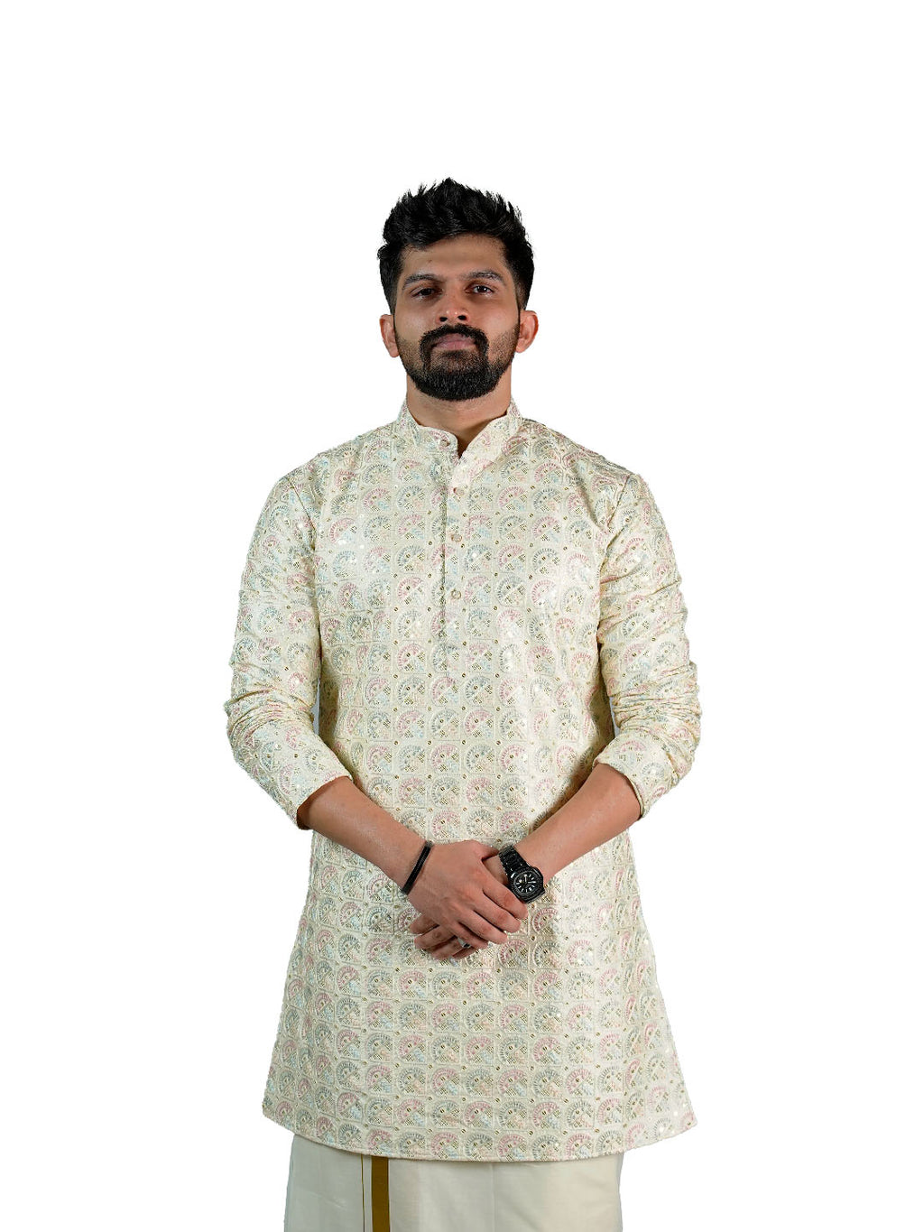 Cream Multicolour Paisley Groom Kurta for Men