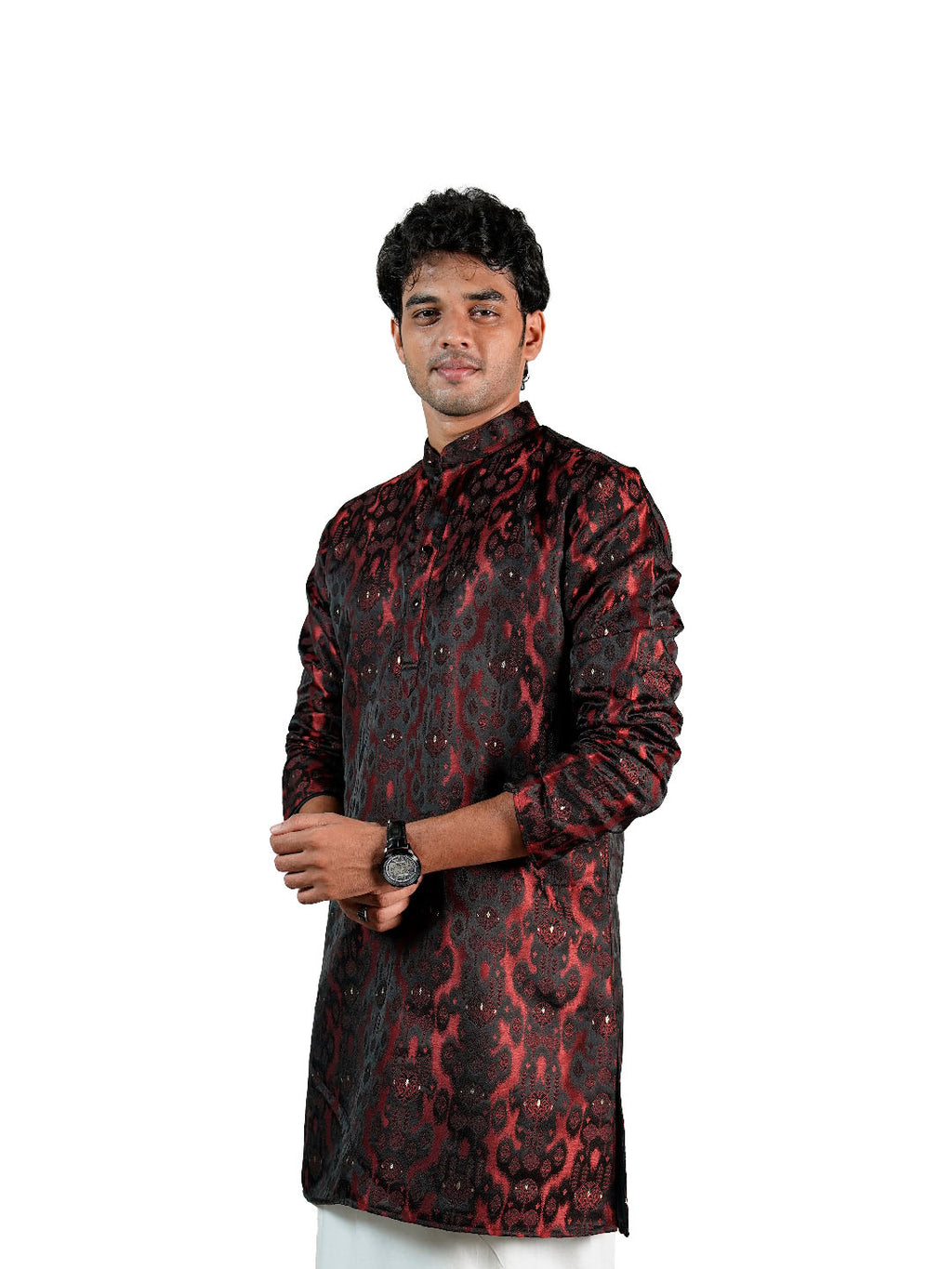 Black Red Ikat Damask Jacquard Kurta for Men