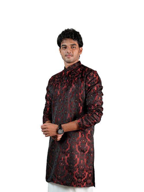 Black Red Ikat Damask Jacquard Kurta for Men