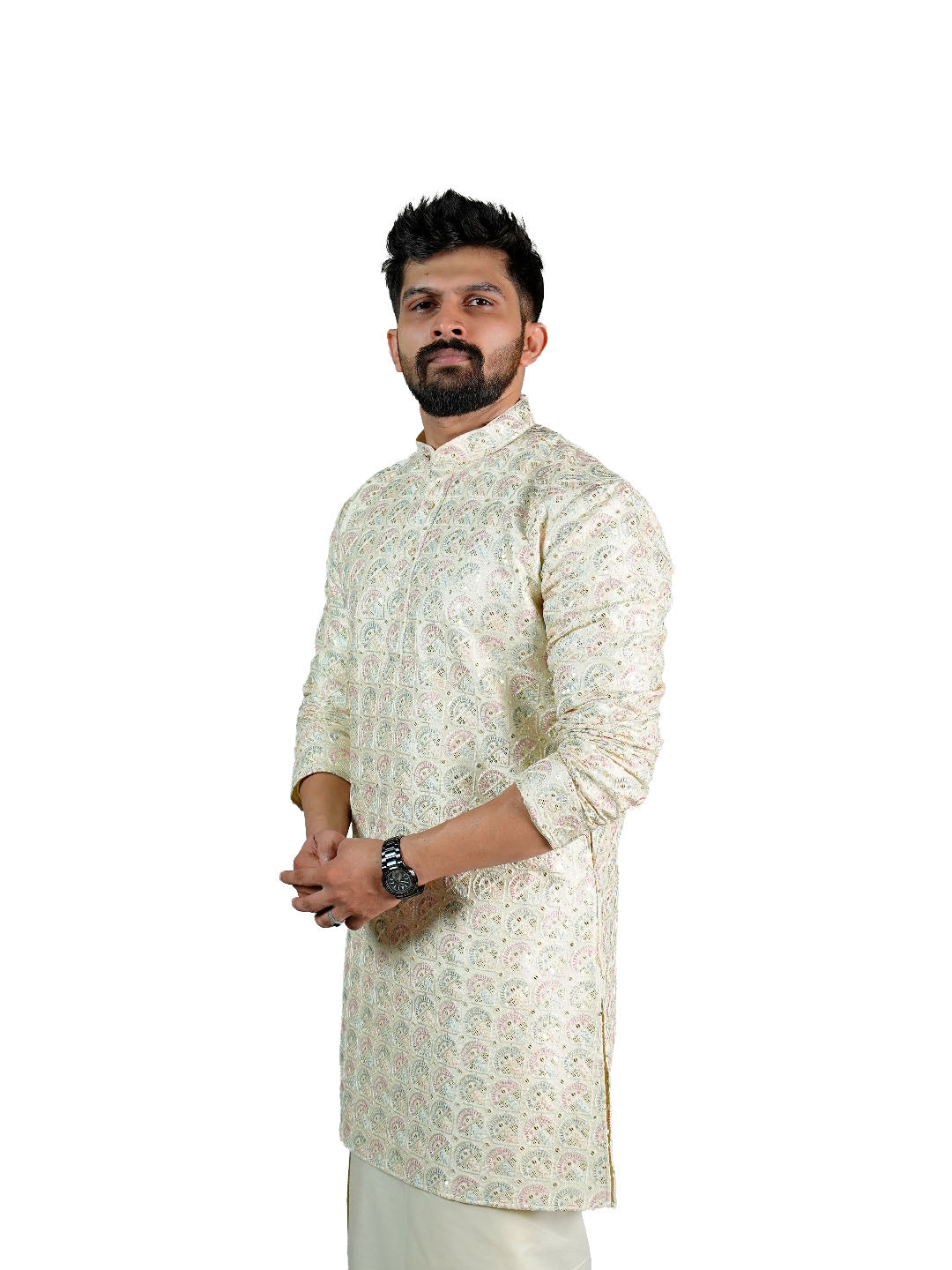 Cream Multicolour Paisley Groom Kurta for Men