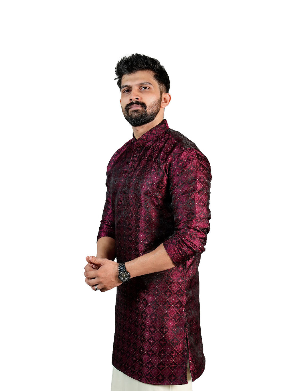 Wine Maroon Diamond Lattice Jacquard Kurta for Men