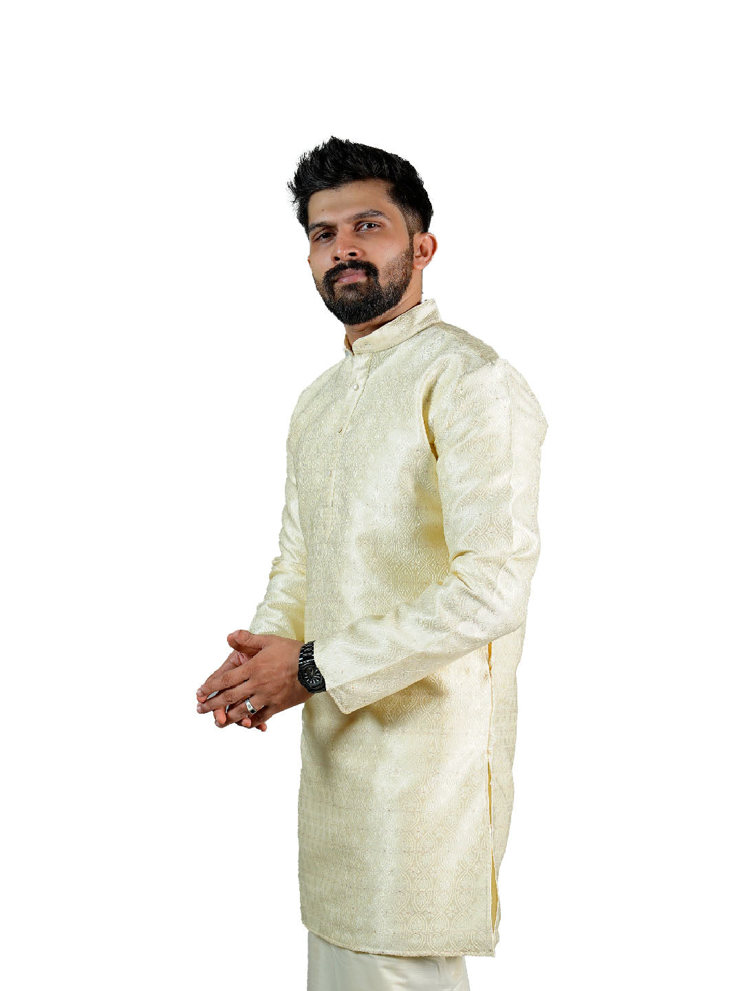 Off White Gold Groom Jacquard Kurta for Men