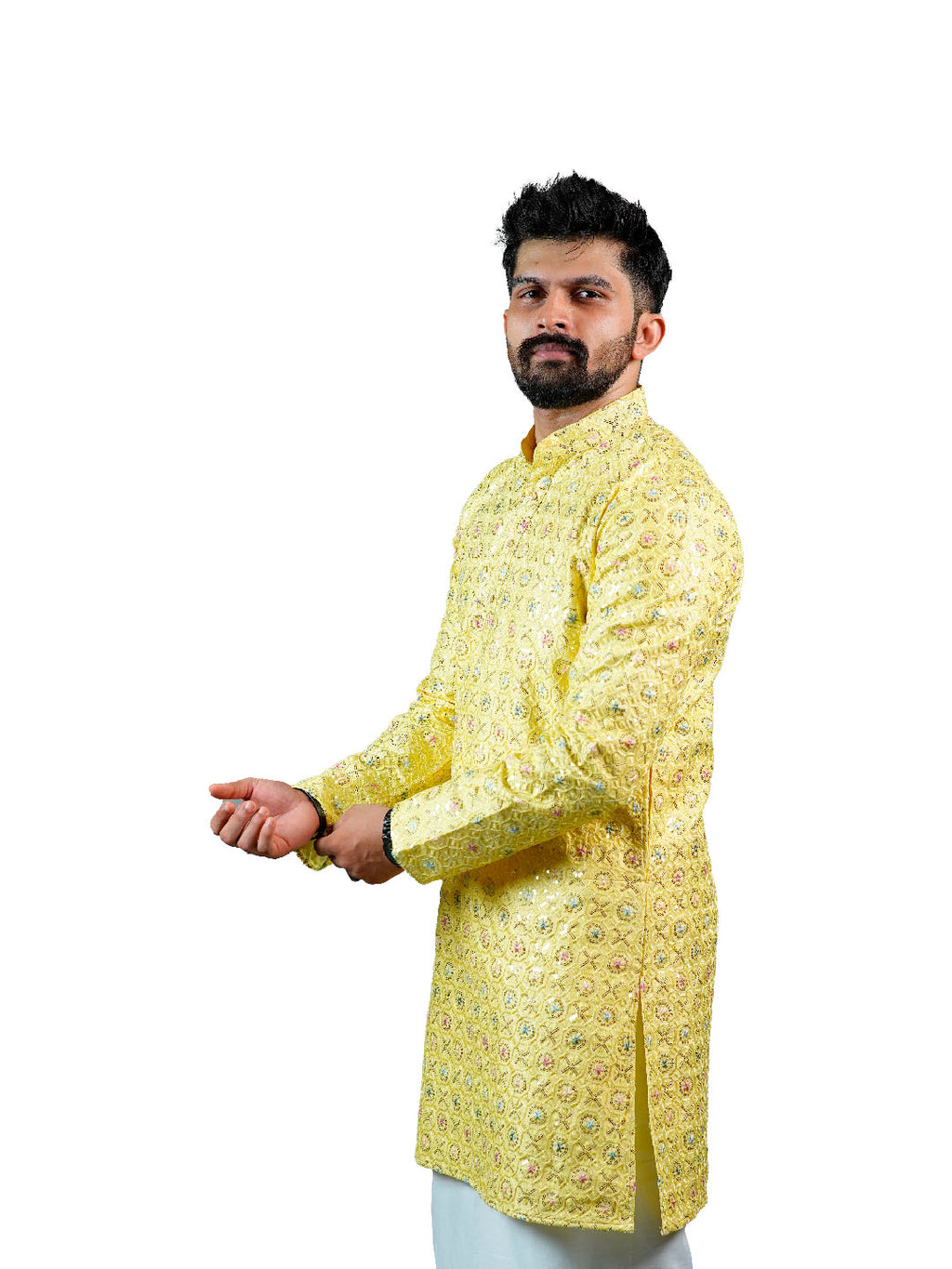 Sunshine Yellow Floral Medallion Festive Kurta for Men