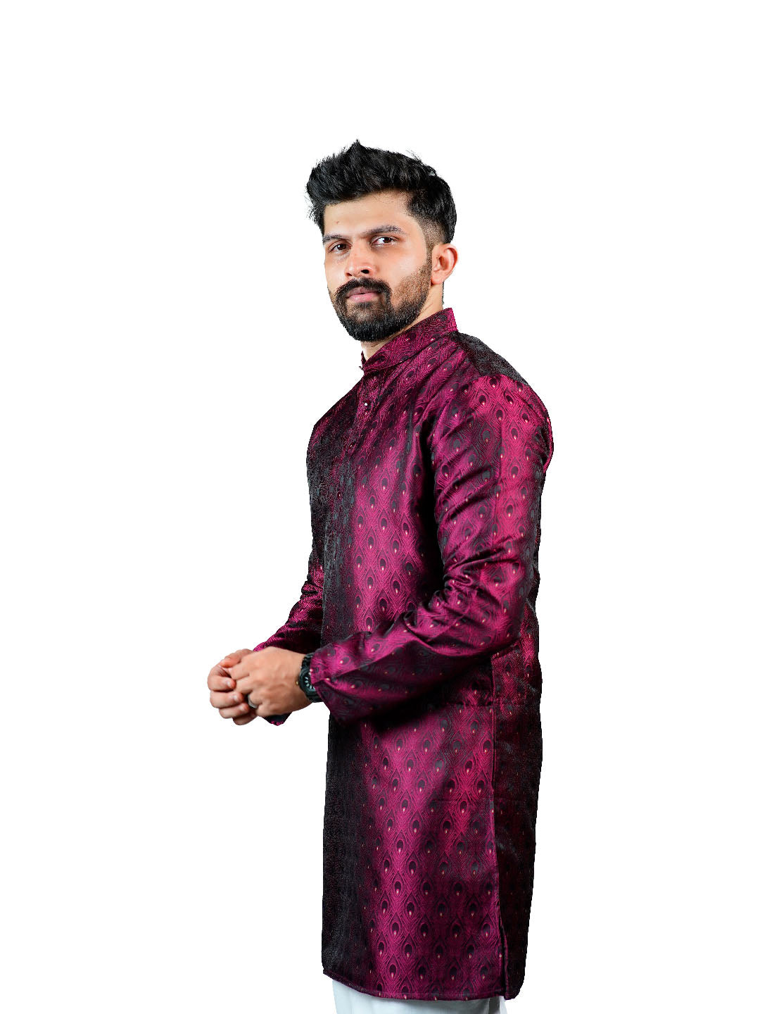 Magenta Peacock Feather Jacquard Kurta for Men