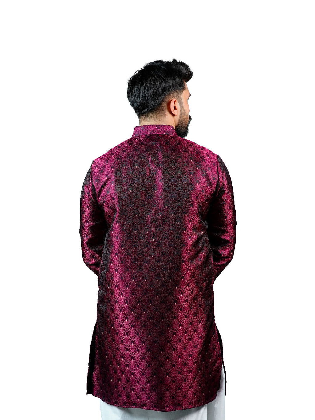 Magenta Peacock Feather Jacquard Kurta for Men