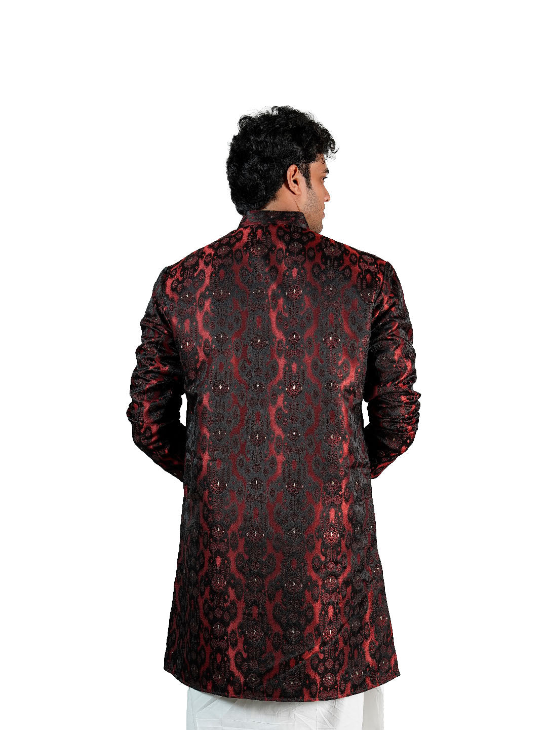 Black Red Ikat Damask Jacquard Kurta for Men