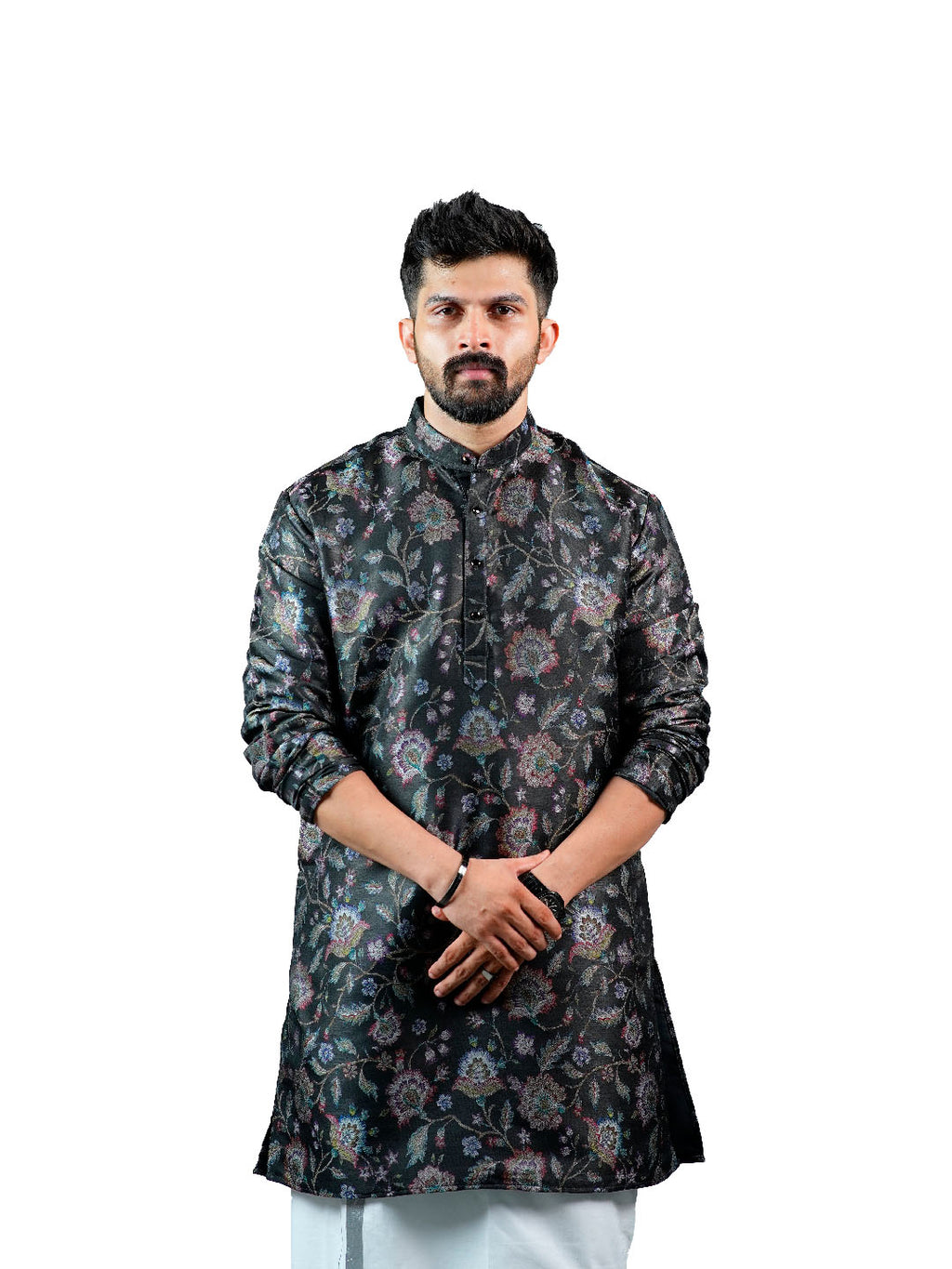 Black Floral Vine Jacquard Kurta for Men
