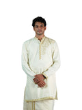 Cream Zari Embroidered Jacquard Kurta with Zari Collar Placket for Men
