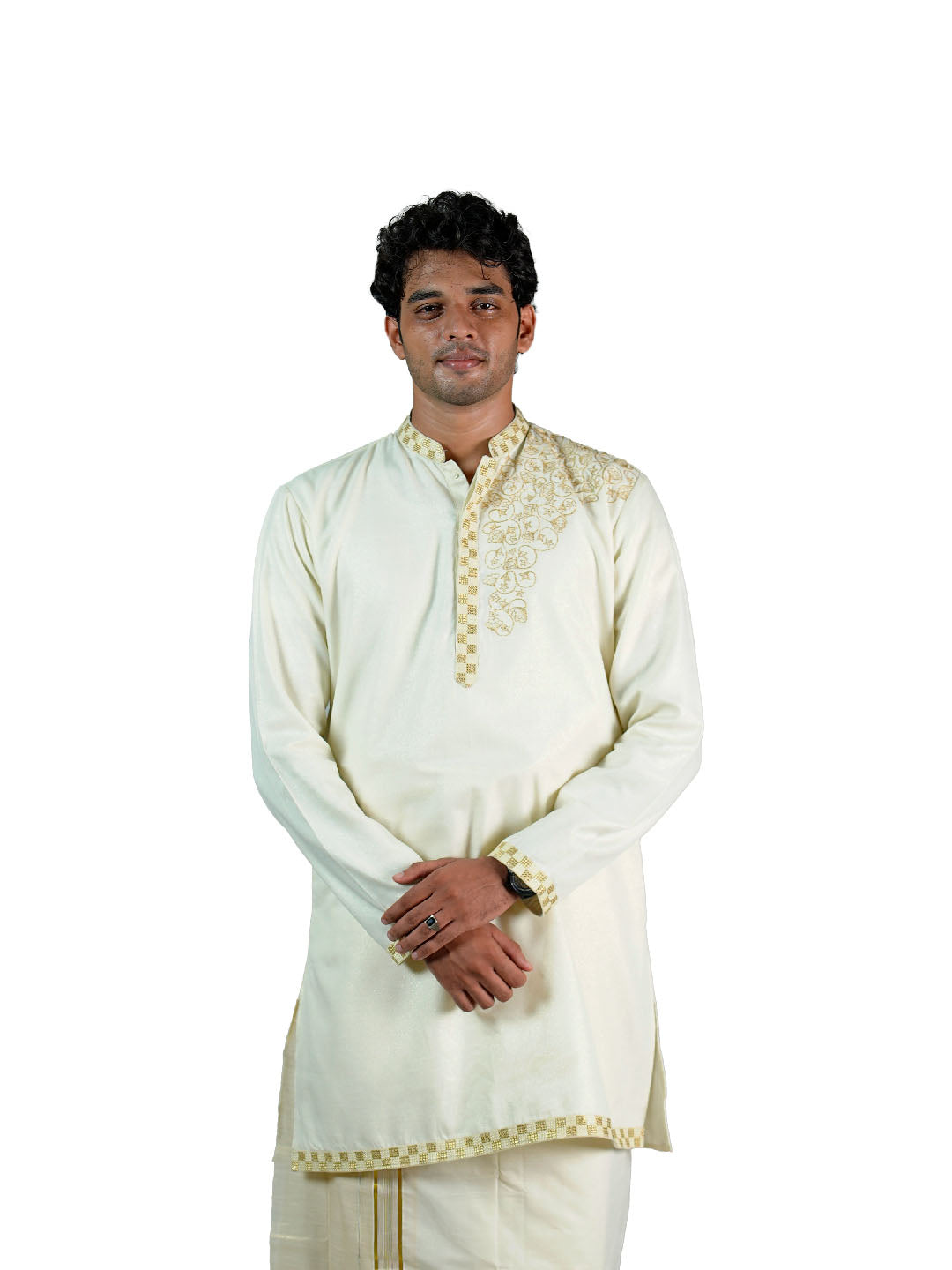 Cream Zari Embroidered Jacquard Kurta with Zari Collar Placket for Men