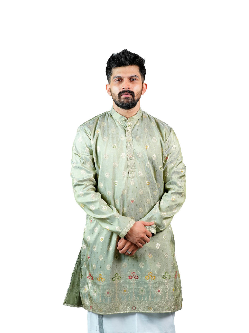 Pista Green Buti Embroidered Jacquard Kurta for Men