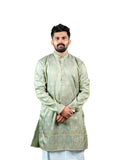 Pista Green Buti Embroidered Jacquard Kurta for Men