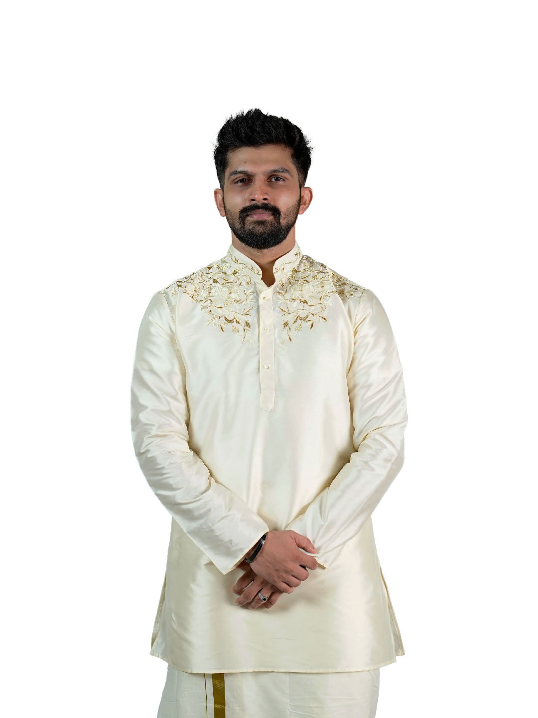 Off White Golden Floral Embroidered Kurta for Groom