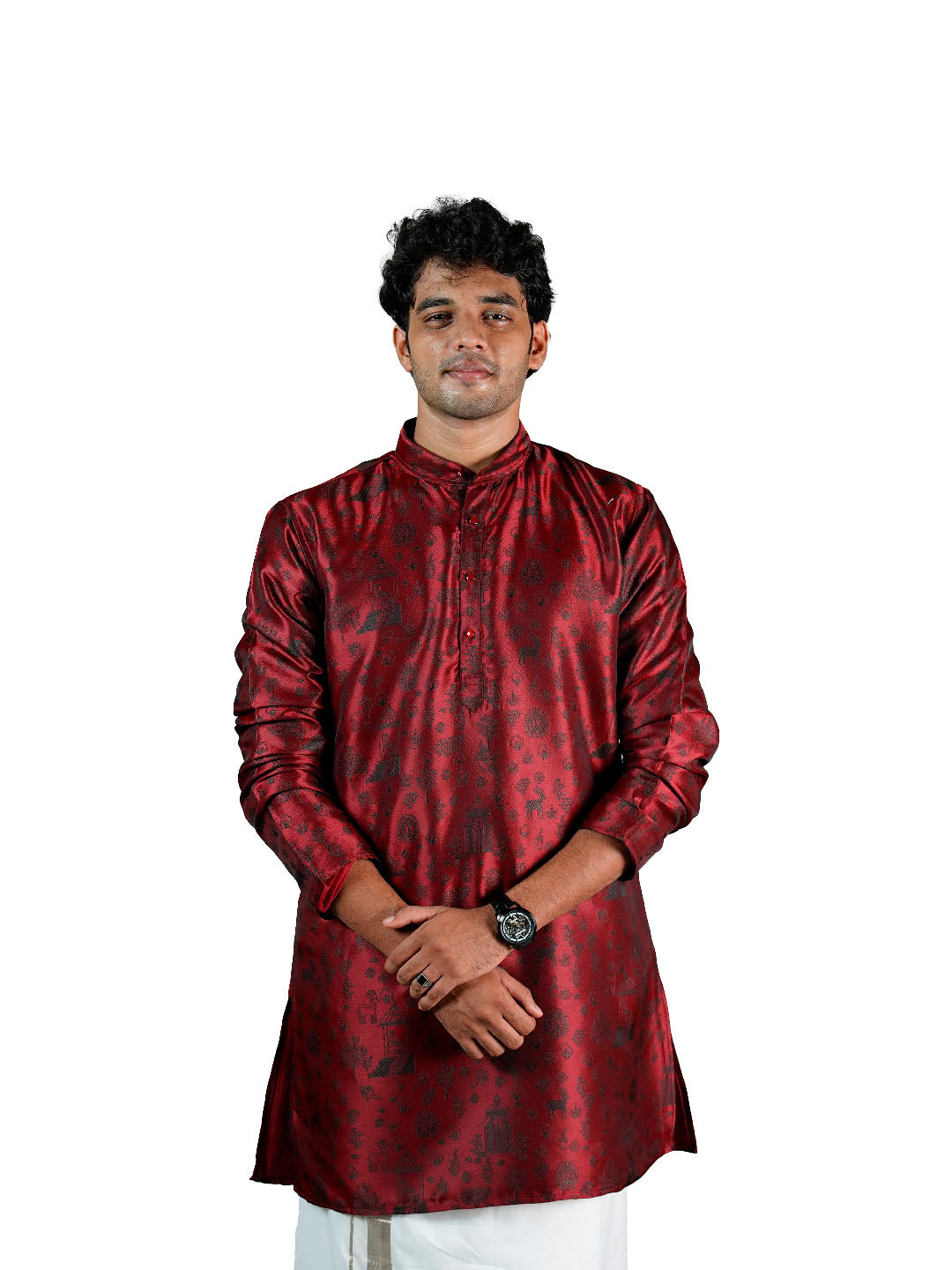 Maroon Scenic Narrative Jacquard Kurta for Men