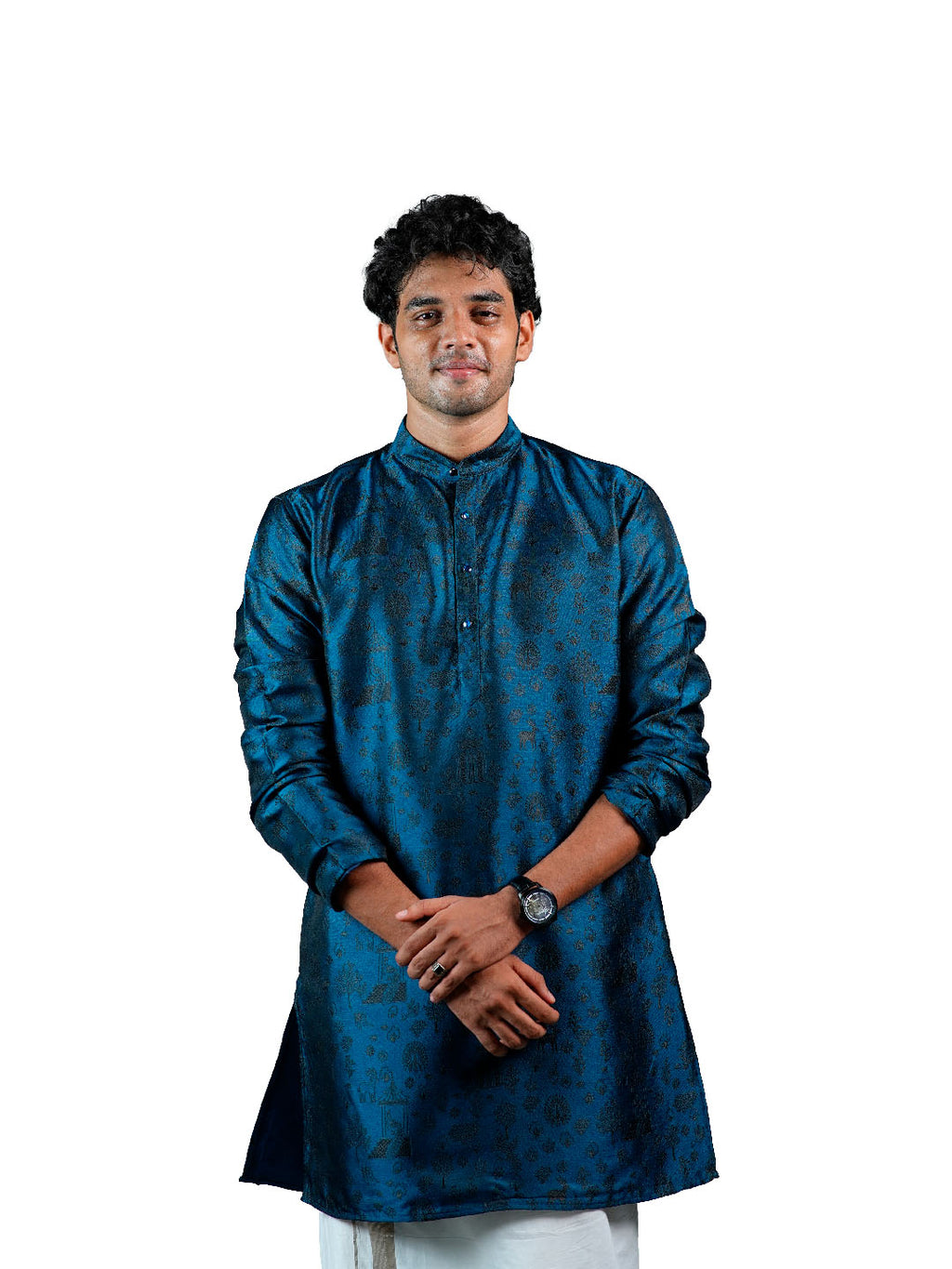 Steel Blue Scenic Narrative Jacquard Kurta for Men