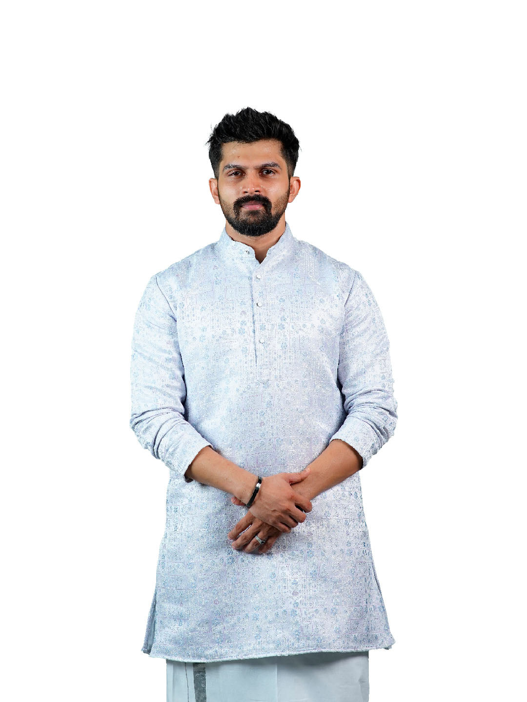 Ice Blue Floral Jacquard Kurta for Groom