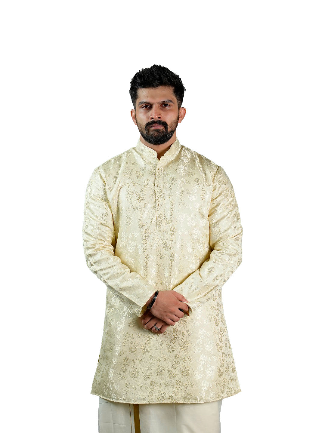 Cream Floral Bouquet Jacquard Kurta for Groom
