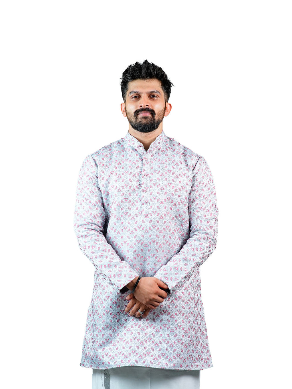 Silver Pink Triangle Jacquard Kurta for Men