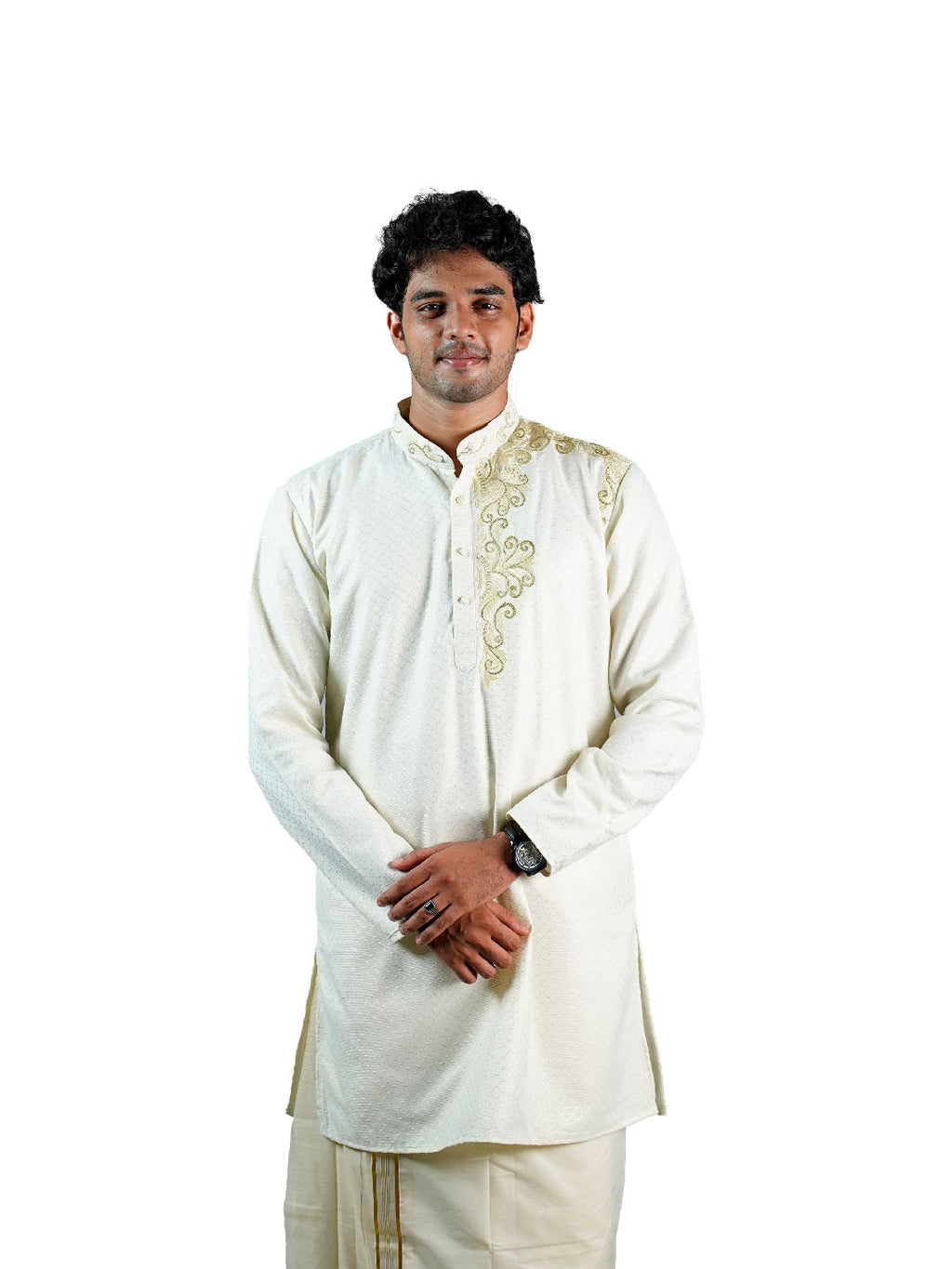 Cream Golden Zari Swirl Embroidered Kurta for Groom
