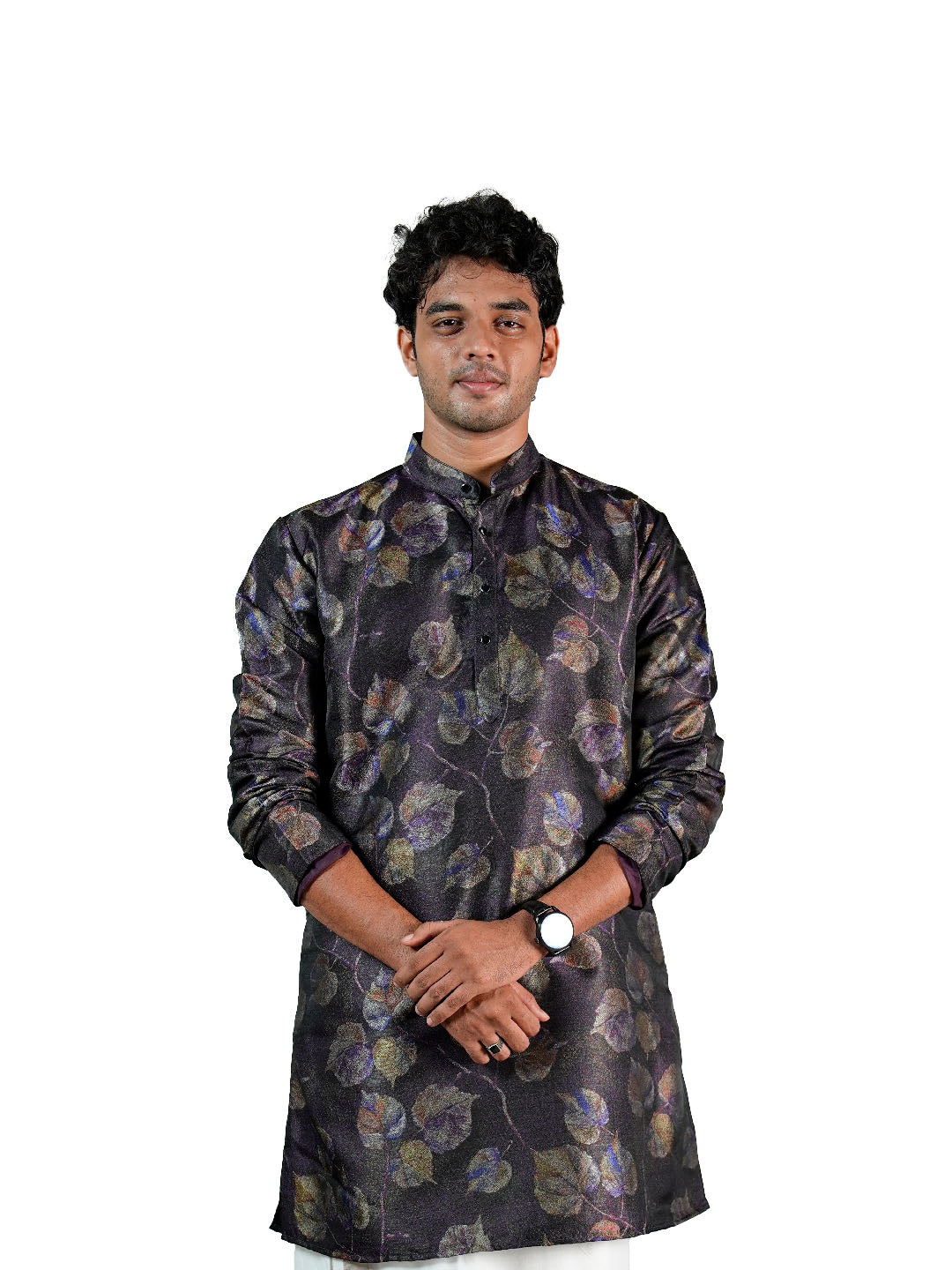 Charcoal Iridescent Leaf Jacquard Kurta for Men
