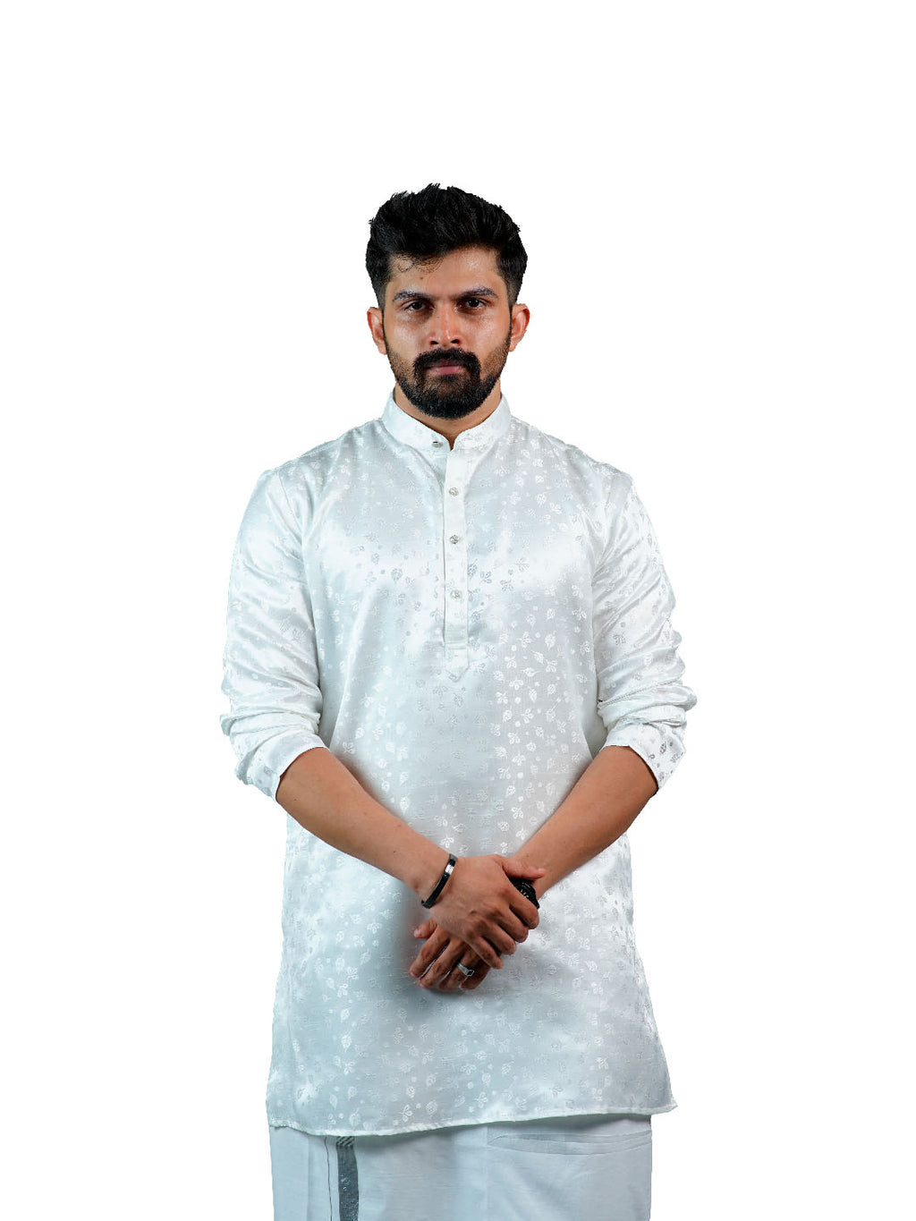 White Slim Fit Jacquard Floral Kurta for Men