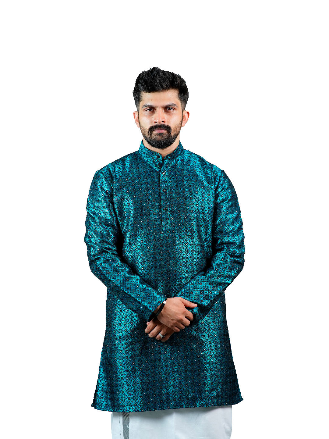 Teal Blue Diamond Grid Sequin Jacquard Kurta for Men